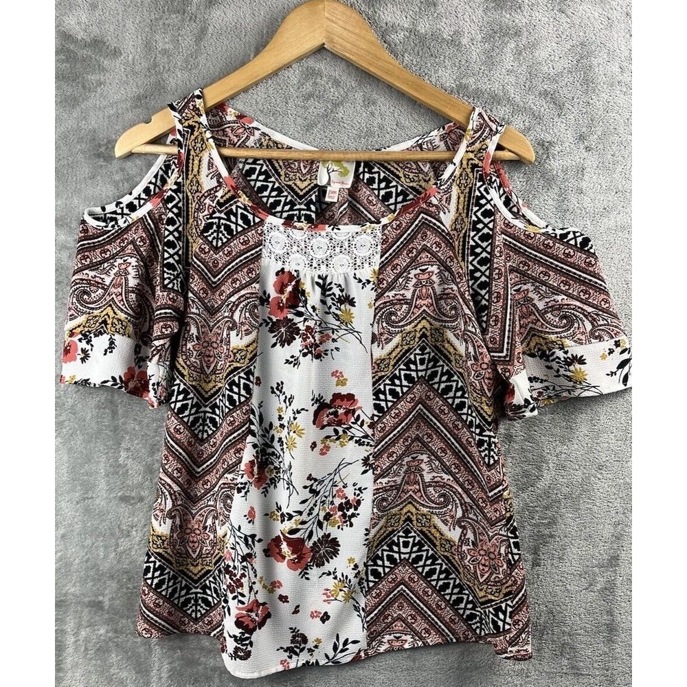 3/$20  FIG FLOWER BOHO LACE COLD SHOULDER TOP CREPE LIGHTWEIGHT Medium PM